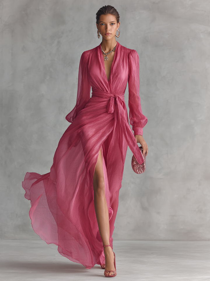 Εlegant μακρύ φόρεμα γυναικείο σε ροζ πέρλα από chiffon με V ντεκολτέ και ζώνη στη μέση