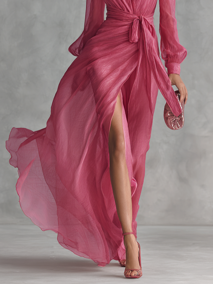 Εlegant μακρύ φόρεμα γυναικείο σε ροζ πέρλα από chiffon με V ντεκολτέ και ζώνη στη μέση