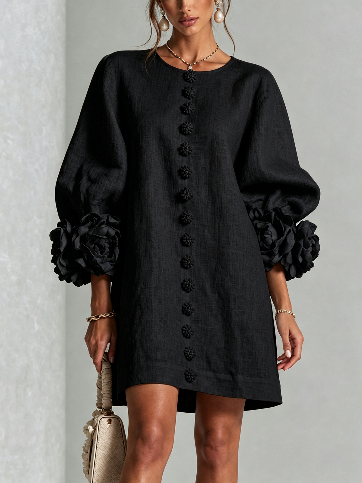 Rosamund | Floral-Cuff Button Mini Dress
